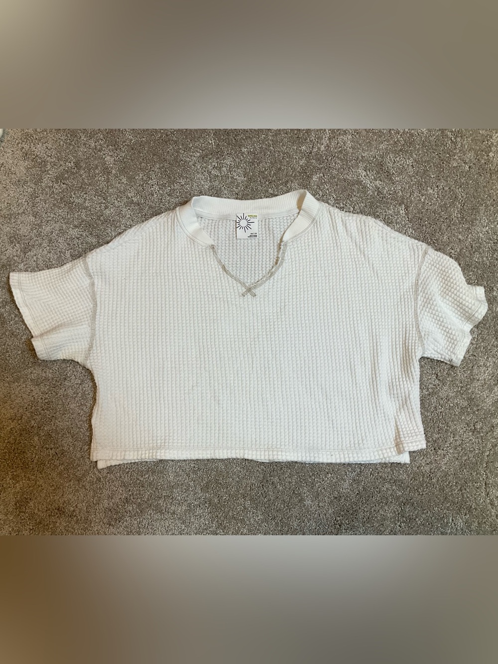 Offline by Aerie White Waffle Knit Cropped Split Neck Top XS